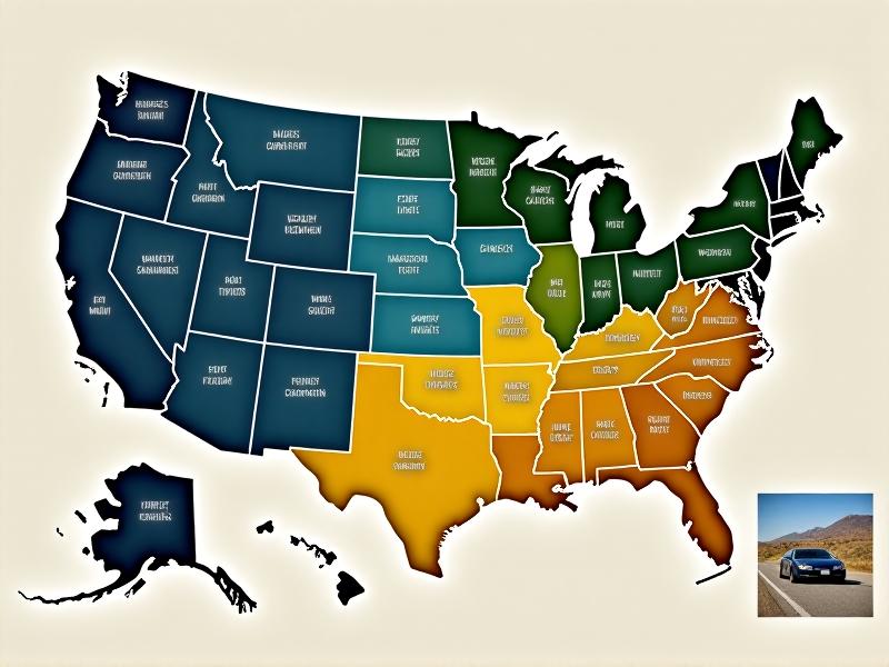 Color-coded U.S. map showing varying tire change timelines: deep blue for early-swap mountain regions, green for moderate zones, yellow for warm climates. Insets show cars in snowy mountains, rainy cities, and sunny deserts. Legend correlates colors to monthly timelines.
