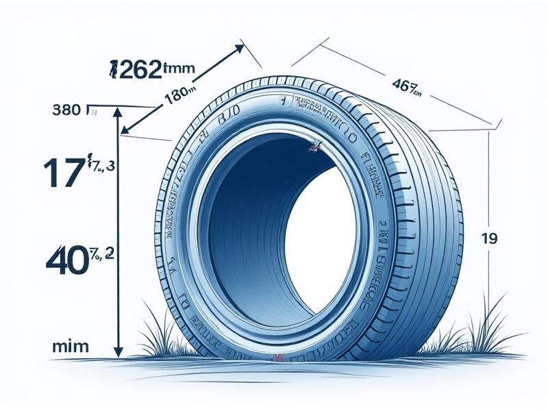 An illustrated cross-section diagram of a tire labeled with size metrics. The 225mm tread width, 45% aspect ratio sidewall, and 17-inch wheel diameter are shown with dimension lines. The art style is technical yet approachable, using blue and white colors with clear typography.