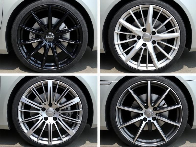 A collage of four wheel finishes: glossy painted black, brushed alloy, mirror chrome, and textured matte gray. Each wheel is spotless, showcasing distinct textures under bright studio lighting, with labels highlighting finish-specific care requirements.