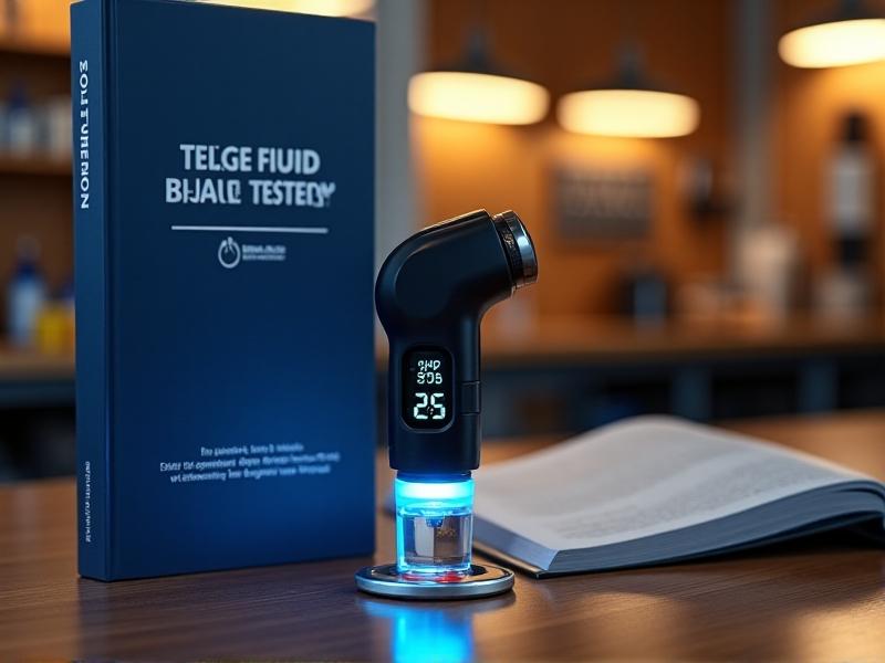A handheld electronic brake fluid tester with a digital screen showing '2.5% H2O.' The device has a stainless steel probe inserted into a brake fluid reservoir. The background is a softly blurred workshop environment with a service manual open to a brake maintenance section.