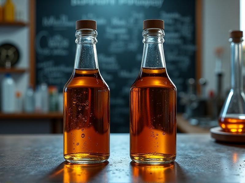 Two glass bottles of motor oil side by side: one labeled 'Full Synthetic' with a sleek, modern design and amber fluid, the other 'Conventional' in a simpler container with darker oil. The background contrasts laboratory equipment versus a gritty garage setting.