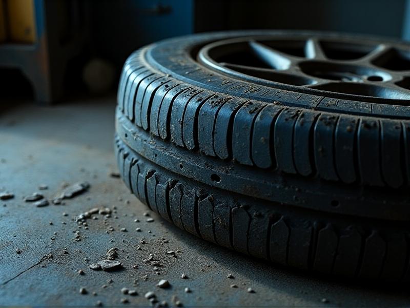 A close-up of a car tire with severe inner edge wear, exposing the steel belts beneath the rubber. The tread shows smooth patches contrasting with intact grooves, set against a gritty garage floor. The lighting is harsh, emphasizing texture and damage for diagnostic clarity.