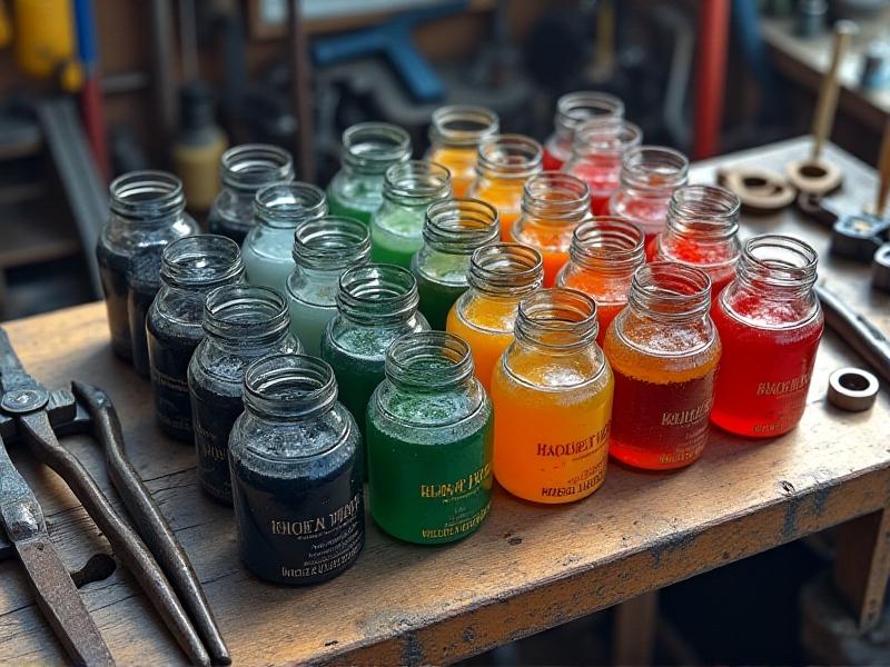 A grid of labeled containers holding used motor oil, bright green coolant, amber brake fluid, and red transmission fluid on a workshop bench. Tools and rags surround them, with soft natural light highlighting textures and colors to differentiate each fluid type.