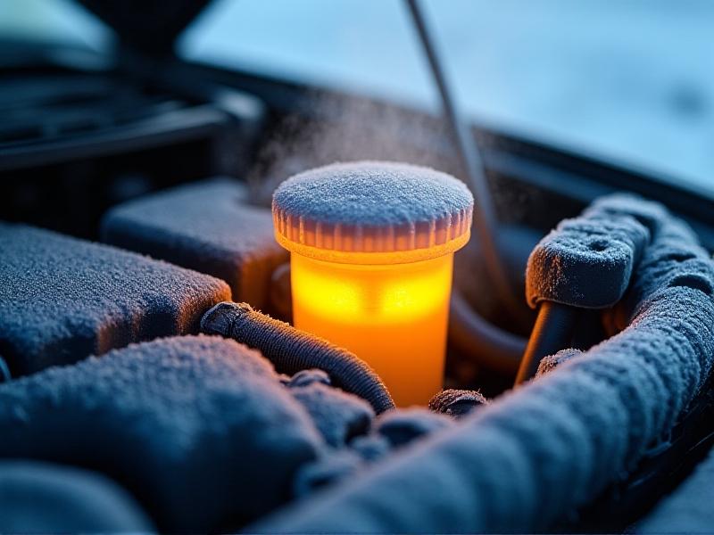 A frost-covered engine bay in a sub-zero environment, with steam rising from a radiator cap. The coolant reservoir glows bright yellow, contrasting against icy blue surroundings, symbolizing thermal protection.