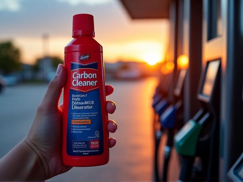 A hand holding a bottle of fuel system cleaner against a backdrop of a gas station pump. The bottle label emphasizes words like 'detergent' and 'carbon cleaner,' with bright red and blue branding. Sunlight glints off the pump’s metallic surface, suggesting a real-world application.