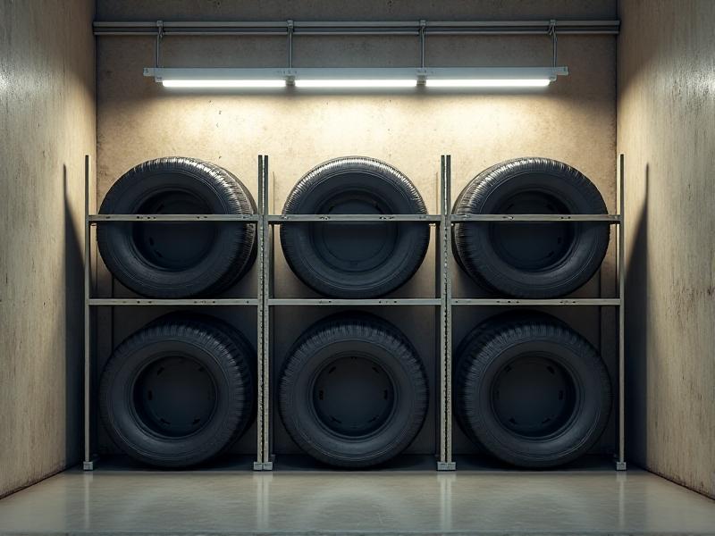 A organized garage storage rack holding four neatly stacked car tires, with concrete walls and fluorescent lighting. The tires are elevated on a metal shelf, showcasing a clean, dry environment for optimal preservation.