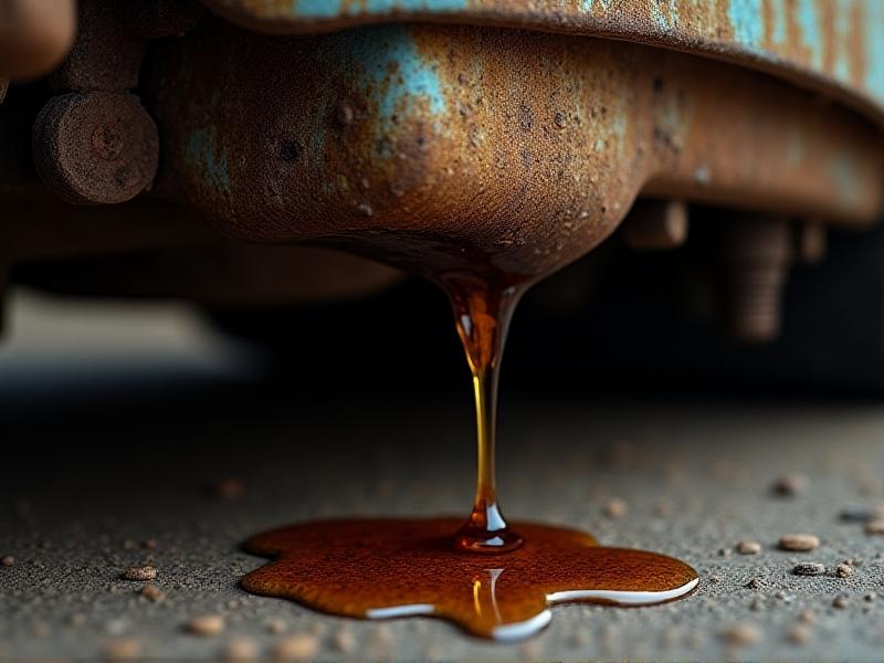 A close-up of an engine's oil pan with thick, dark brown oil dripping steadily onto a garage floor. The oil's sticky texture is evident, with dust particles stuck to the residue. The image captures metallic engine parts and rusted bolts, suggesting an older vehicle.