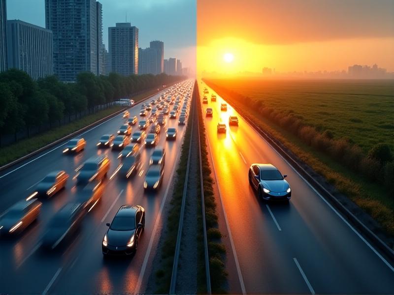 A split-screen image showing a car stuck in city traffic on the left and cruising on a sunny open highway on the right. The left side has muted tones and rain, while the right glows with golden hour light, illustrating contrasting driving environments.