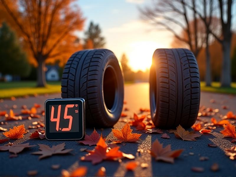 Digital thermometer displaying 45°F next to two tires: one summer tire with minimal tread, one winter tire with chunky blocks. Autumn leaves scattered on a driveway, late afternoon sun casting long shadows, symbolizing transitional weather.