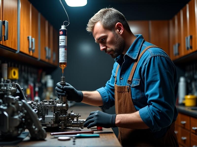 A mechanic wearing gloves uses a specialized injector cleaning kit attached to a pressurized canister. The injector is suspended over a rag, with cleaning solvent visible in a clear tube. The workshop environment features tool cabinets and soft overhead lighting, creating a focused, professional atmosphere.