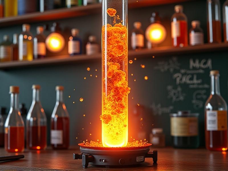 A photorealistic scene of a laboratory with glass test tubes bubbling over a Bunsen burner. One tube shows a violent reaction with orange fumes and swirling liquids, illustrating incompatibility. The background includes shelves of labeled chemical bottles and a chalkboard with equations. Lighting is dramatic, highlighting danger and scientific inquiry. Keywords: chemical reactivity, exothermic reaction, lab safety.