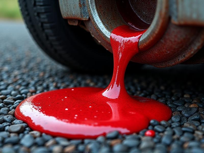 A red, oily fluid leaking from a car's transmission housing onto a gravel surface. The fluid spreads in a thin, reflective layer, with air bubbles visible in the viscous liquid. The image showcases the transmission's metallic casing and a frayed seal at the leak source.