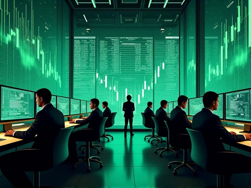 Focused traders in a glass-walled office analyzing live market data across multiple screens, with bright green upward arrows and glowing candlestick patterns overlaying a backdrop of streaming financial tickers.