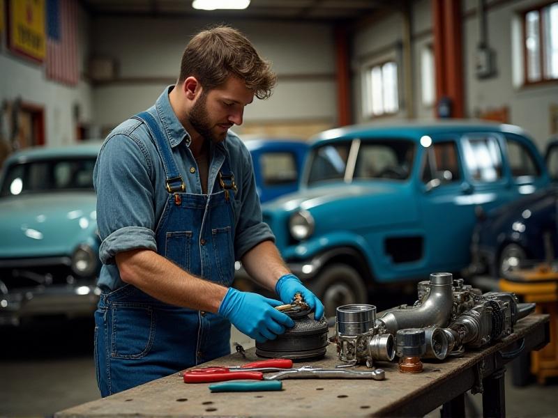 A mechanic in blue gloves installing a new spin-on oil filter into a car engine, with tools scattered on a garage workbench under bright workshop lighting.