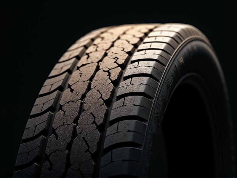 A detailed view of a tire sidewall with deep, branching cracks against a dark background, showcasing brittle texture and faded rubber, emphasizing dry rot and environmental damage.
