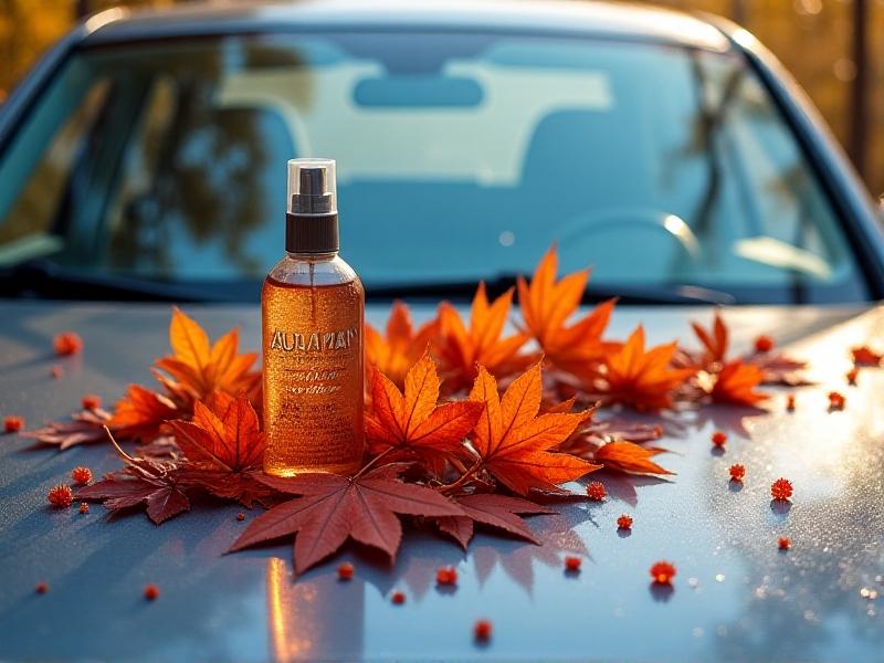 A car hood covered in orange and red maple leaves, with a frosted windshield in the background. A spray bottle labeled 'Autumn Blend' sits atop a pile of leaves. Early morning mist creates a soft, cool-toned atmosphere.