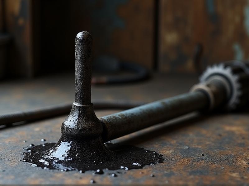 A transmission dipstick coated in thick, blackened fluid resting on a rusted metal surface. The fluid is opaque and sludge-like, with visible particulate matter. Harsh overhead lighting casts shadows, emphasizing urgency and neglect.