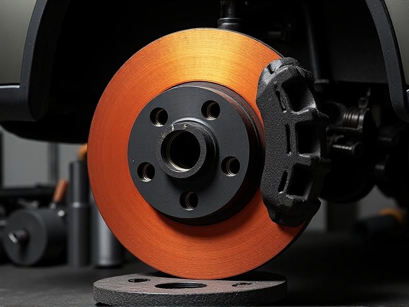 A high-contrast photograph of a warped brake rotor with visible heat discoloration and uneven surfaces. The rotor is mounted on a car hub, with blurred garage tools in the background. Warm lighting highlights the damage, emphasizing the consequences of improper torque.