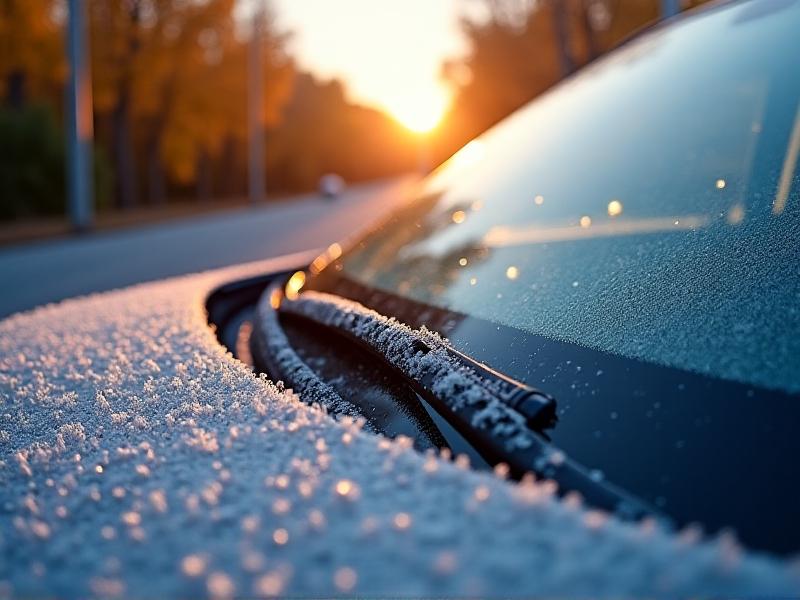 Close-up of a frost-covered windshield wiper blade with icy patterns, blurred autumn foliage in background. Early morning light creates sparkles on frost crystals, parked car with summer tires visible in reflection.