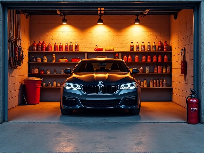 A home garage setup with drip pans under a car, sealed fluid containers on a metal shelf, and a fire extinguisher mounted on a cinderblock wall. Warm overhead lighting casts sharp shadows, emphasizing preparedness and safety in a DIY environment.