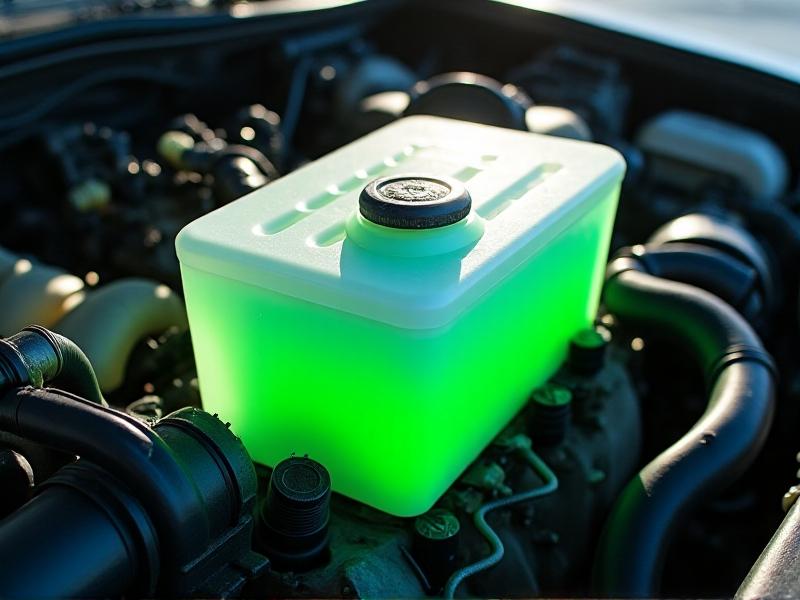 A translucent white coolant reservoir filled with neon green liquid, positioned next to a radiator cap in an engine bay. Sunlight reflects off the plastic surface, with hoses and wiring visible around it, illustrating the cooling system’s complexity.