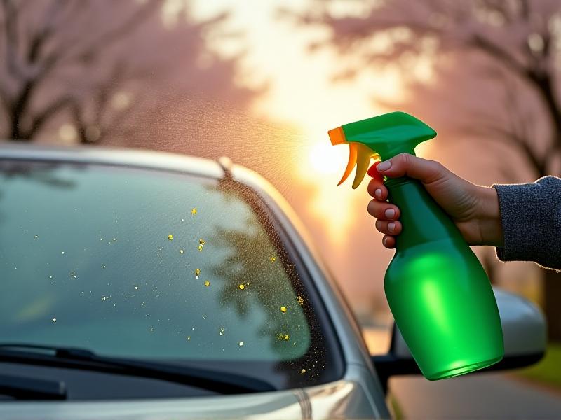 A car windshield speckled with yellow pollen and rainwater droplets. A hand squeezes a bright green spray bottle, releasing mist onto the glass. Cherry blossoms frame the background, with soft sunlight casting mild shadows.