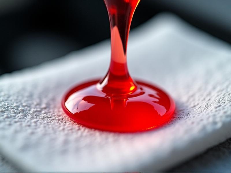 A close-up of a transmission dipstick with bright red fluid droplets on a white paper towel. The red is vivid and uniform, contrasting with the sterile white background. Soft natural light highlights the fluid’s clarity, representing ideal transmission health.