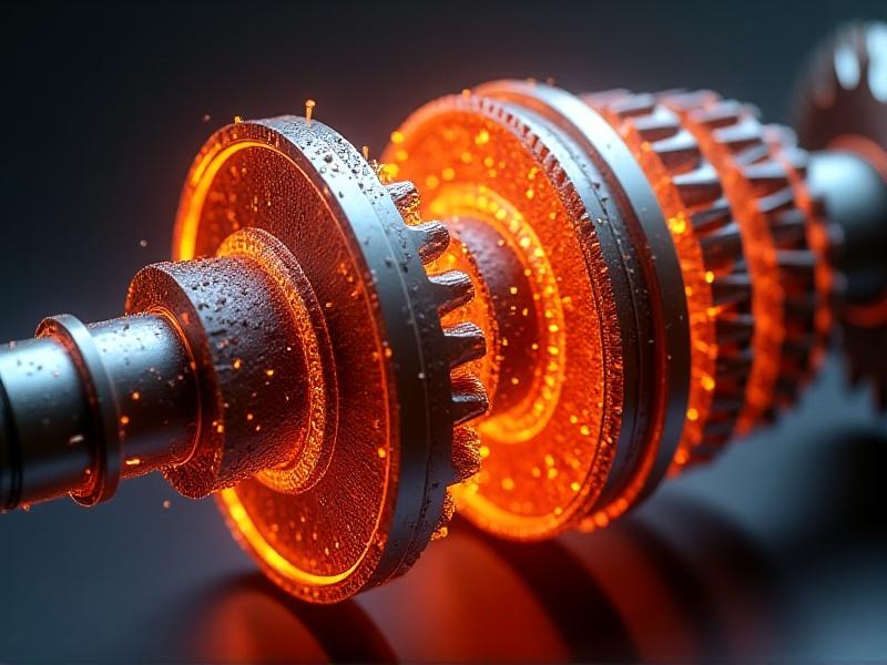 A cross-sectional illustration of a car differential with glowing red heat zones around the gears. The metallic components are rendered in sharp detail, showing gear teeth meshing together, surrounded by golden lubricant. Arrows indicate power flow from the driveshaft to the wheels.