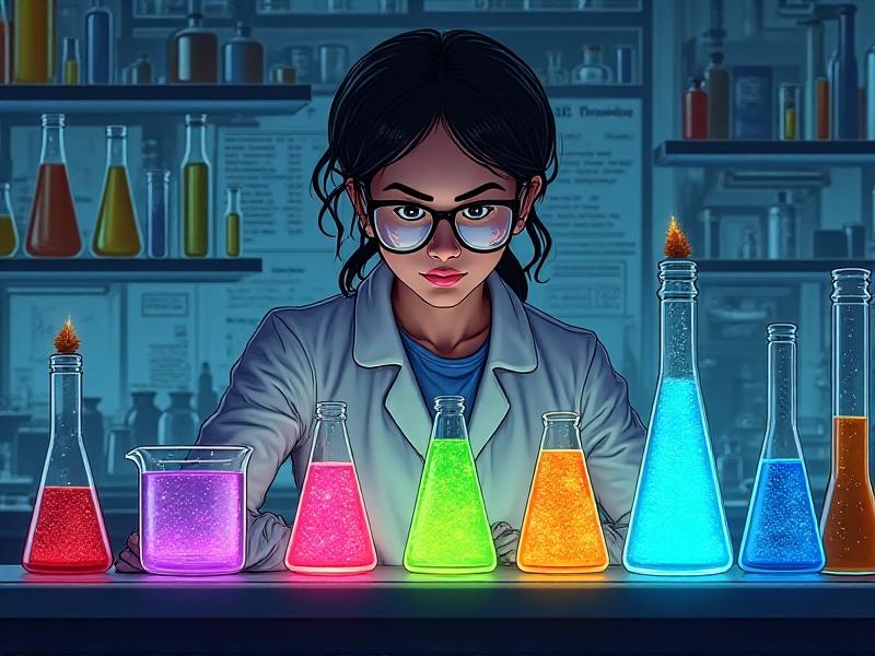 A laboratory setting with glass beakers containing coolant fluids in vivid colors: neon green, orange, and blue. A scientist in a white coat examines a vial, with charts and chemical diagrams visible in the background, emphasizing scientific precision.