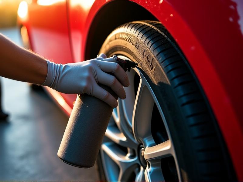Close-up of a hand spraying a pH-neutral cleaner onto a glossy red painted wheel. Brake dust dissolves effortlessly as foam runs down the spokes, with a soft-bristle brush nearby. Sunlight glints off the wet surface, conveying gentle yet effective cleaning.