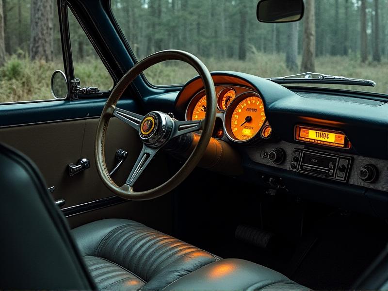 A car dashboard illuminated by a yellow TPMS warning light, casting a warm glow over the steering wheel and digital speedometer in a dimly lit vehicle interior.