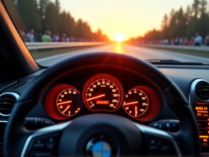 A driver’s perspective of a steering wheel and dashboard where a bright orange check engine light flashes rapidly. The car’s interior is sunlit, with a blurred highway visible through the windshield, conveying motion and urgency. The dashboard’s red and amber warning lights create a tense atmosphere.