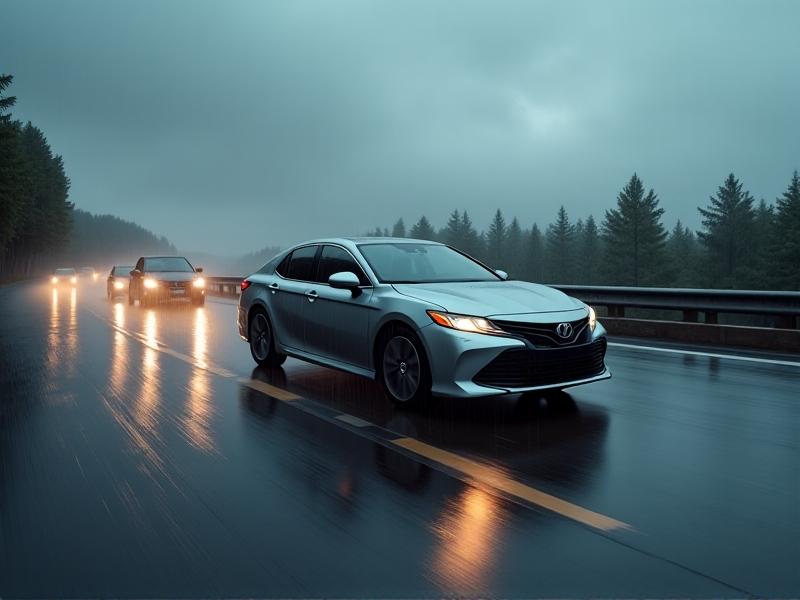 A silver sedan driving on a rainy highway, its front wheels slightly misaligned, causing the car to drift toward the right lane. The image captures motion blur on the tires and wet asphalt, with a gloomy sky overhead. The mood conveys urgency, highlighting the importance of timely alignment checks.