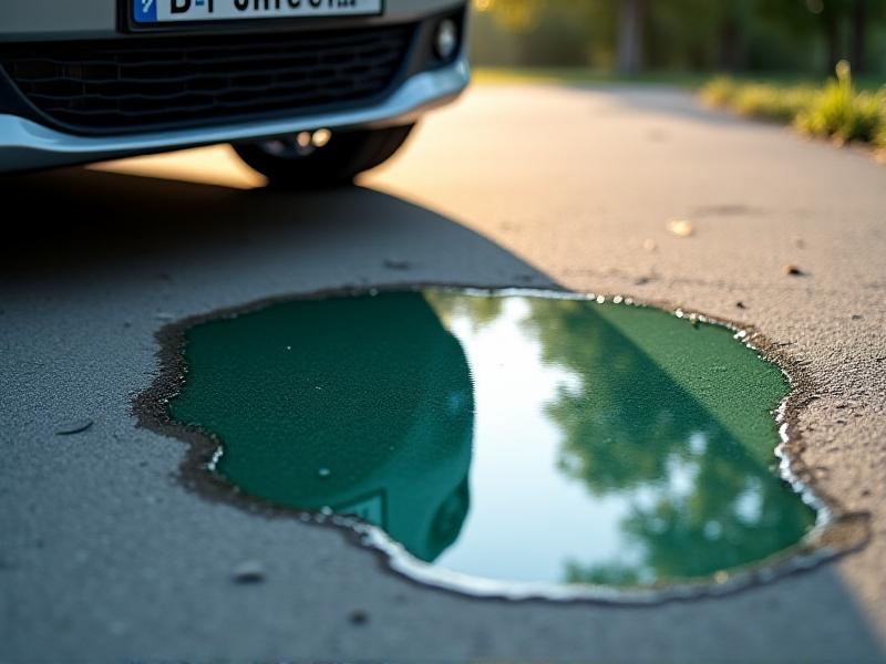 A glossy puddle of clear, slightly green-tinted coolant on a concrete driveway, reflecting the underside of a car's front bumper. The fluid's smooth texture and faint shimmer are visible under morning sunlight, with a faint trail leading to the radiator's lower hose.