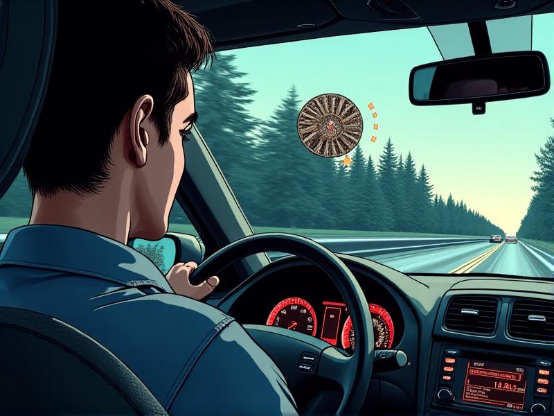 A driver's ear pressed against a car window, hearing a loud whining noise from the rear axle. The road blurs in the background, with a speedometer showing 60 mph. A thought bubble visualizes sound waves emanating from the differential.