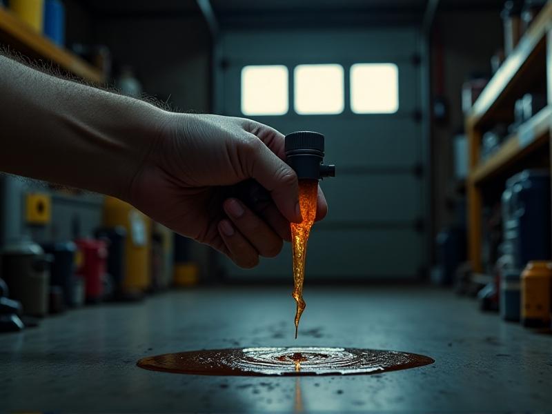A hand holding a transmission dipstick with light brown fluid streaks, photographed in a dimly lit garage. The fluid has a muddy, semi-transparent appearance, with subtle metallic flecks. The image conveys aging fluid under realistic inspection conditions.