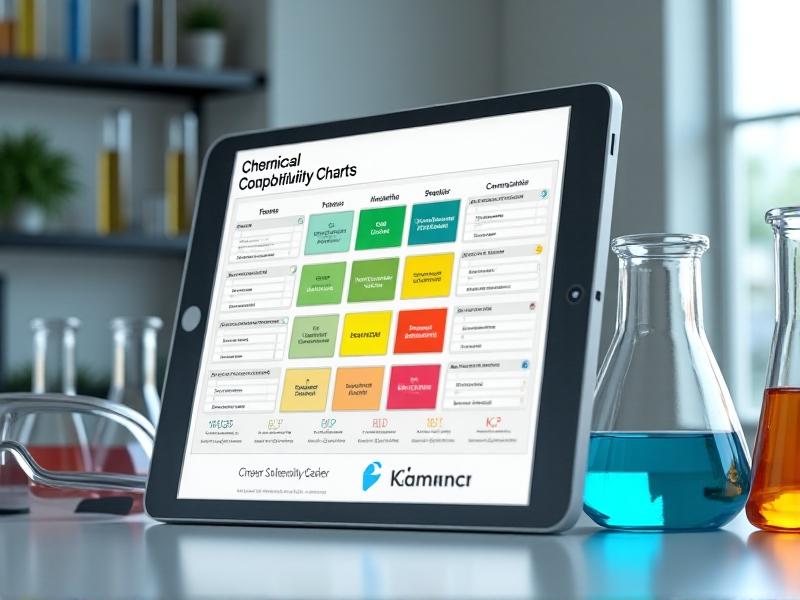 A detailed 3D render of a fluid compatibility chart displayed on a tablet screen, with color-coded grids and chemical formulas. The chart shows green (safe), yellow (caution), and red (danger) zones, set against a lab bench with beakers and safety goggles. Lighting is soft and professional, emphasizing clarity and usability. Keywords: chemical compatibility matrix, hazard assessment, industrial guidelines.