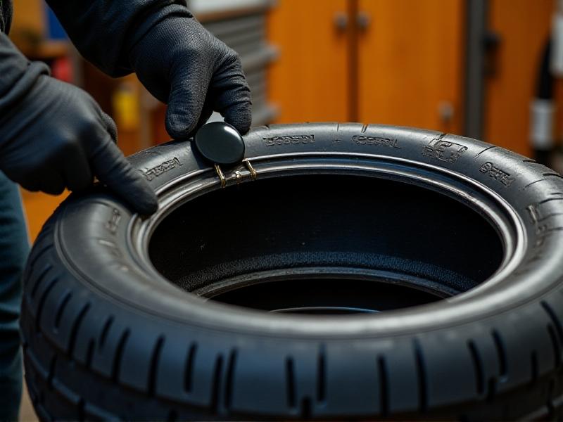 A mechanic's gloved hands applying a rubber patch to the inner surface of a demounted tire in a well-lit garage. Tools like vulcanizing cement and buffing equipment lie nearby. The patch appears as a round black disc against the tire's inner liner, with focused lighting highlighting the adhesive application process. The workshop background features tool cabinets and hydraulic lifts.
