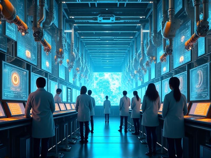 A high-tech factory control room with holographic displays showing real-time pressure graphs. Engineers in white lab coats analyze data on translucent screens, while robotic arms adjust valves in the background. Cool blue lighting contrasts with orange warning indicators, conveying a blend of precision and urgency.