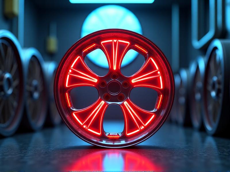 A 3D render of a silver car wheel with five lug nuts, connected by glowing red lines in a star-shaped sequence. The background is a dark workshop with dramatic lighting, creating a futuristic, educational vibe.