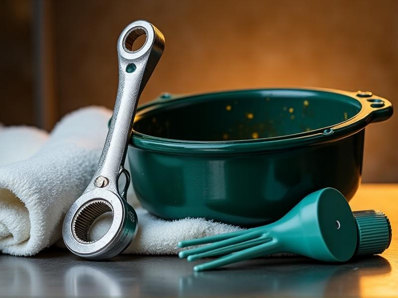 An array of professional-grade oil change tools: a silver oil filter wrench, a deep green drain pan with measurement markings, a funnel with a long flexible neck, and nitrile gloves, arranged on a white towel against a stainless steel background.