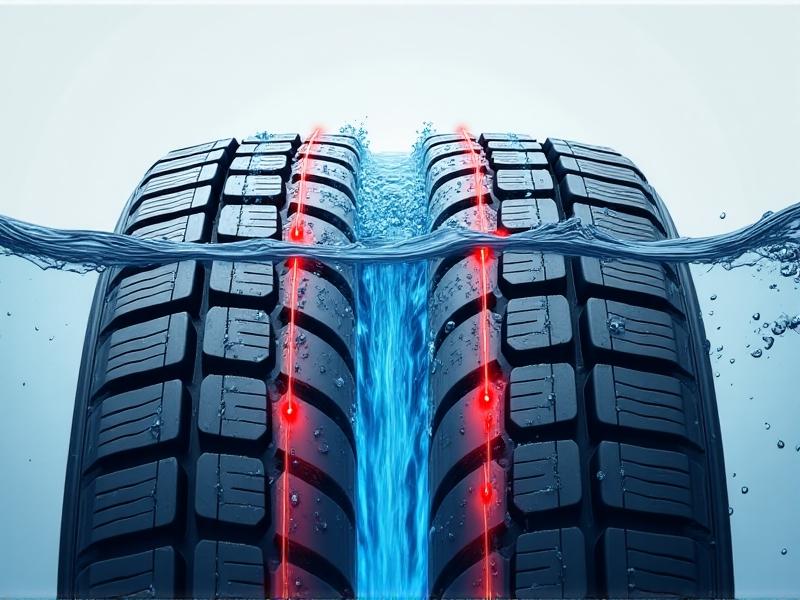 A cross-sectional diagram of a tire tread dispersing water on a wet road. Blue streaks illustrate water flow through deep grooves, with vibrant red arrows showing directional force. The style is technical yet visually engaging, using contrast to highlight the relationship between tread design and water evacuation.