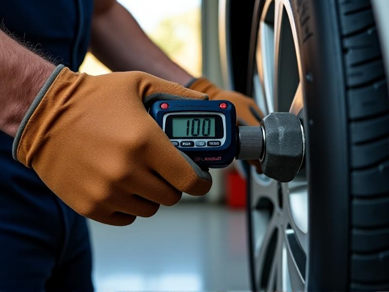 A realistic photo of a mechanic’s hands using a digital torque wrench on a lug nut. The wrench display shows 100 lb-ft, with focus on the tool’s grip and the wheel’s metallic texture. Soft natural light creates a professional, trustworthy atmosphere.