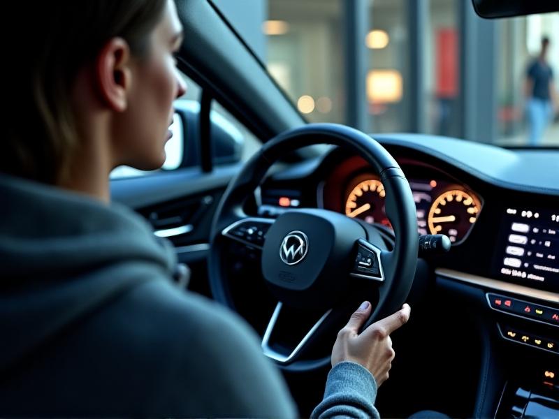 A driver’s hand pressing a TPMS reset button located beneath a car’s steering wheel, with dashboard backlighting emphasizing the vehicle’s modern interior design.