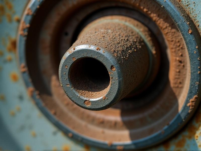 A close-up photograph of a corroded metal valve stem embedded in a car rim, surrounded by rust stains and green oxidation. The image has a gritty texture, natural daylight lighting, and a shallow depth of field focusing on pitted metal surfaces. The background blurs to emphasize decay and environmental damage.
