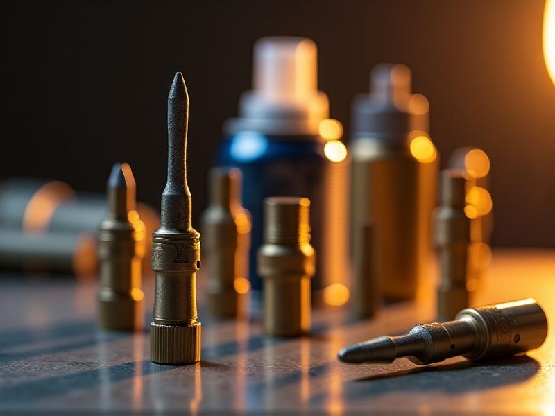 An organized array of valve stem maintenance tools on a workbench: brass valve cores, a silver core tool, silicone spray, and replacement rubber stems. The composition is clean and minimalist, with warm lighting casting soft shadows. Each tool is sharply focused, showcasing textures and metallic finishes.