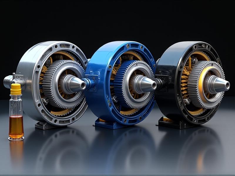 Three differential units side by side: an open differential (silver), a limited-slip differential (blue housing), and a locking differential (black with yellow accents). Each is cut away to reveal internal gears, with arrows indicating rotational movement. A bottle of gear oil sits in the foreground.