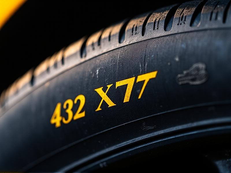 A zoomed-in view of a tire sidewall highlighting the DOT code in white letters. The code 'DOT X8XL 4A1R 2321' is clearly visible, with a yellow arrow pointing to the '2321' segment. The image has sharp focus on the text with a shallow depth of field, emphasizing the code's importance.