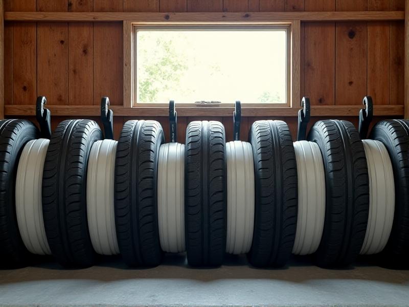 A row of white-walled tires hanging vertically on heavy-duty black rubber hooks against a wooden garage wall. Soft natural light streams through a window, highlighting the space-efficient storage technique.