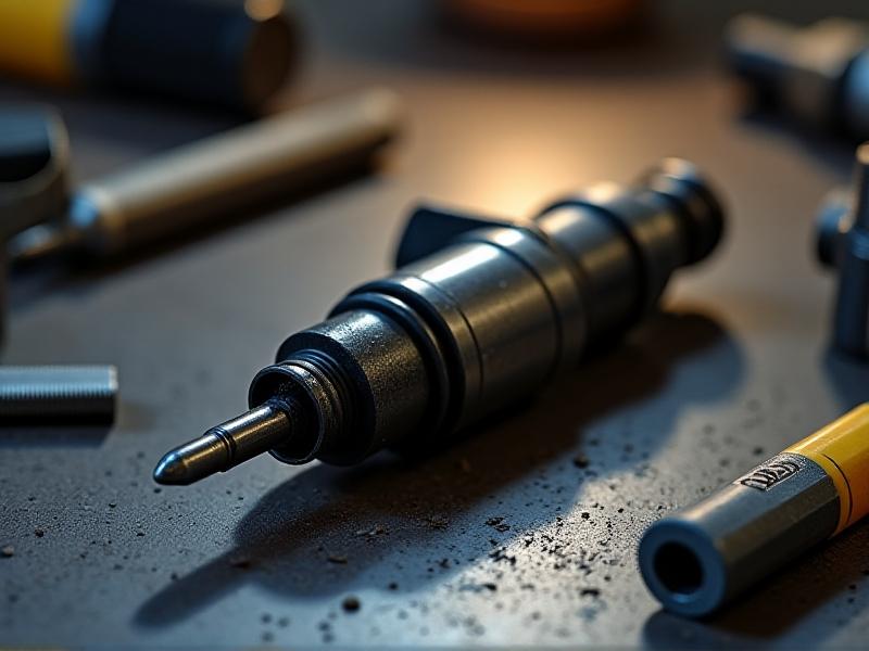 A close-up photo of a clogged fuel injector tip, covered in black carbon deposits. The injector is placed on a clean workshop bench with tools nearby, illuminated by bright task lighting. The texture contrast between the dirty injector and the pristine workspace underscores the need for maintenance.